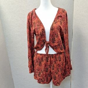 Red and Black Tie-Front Two-Piece Set